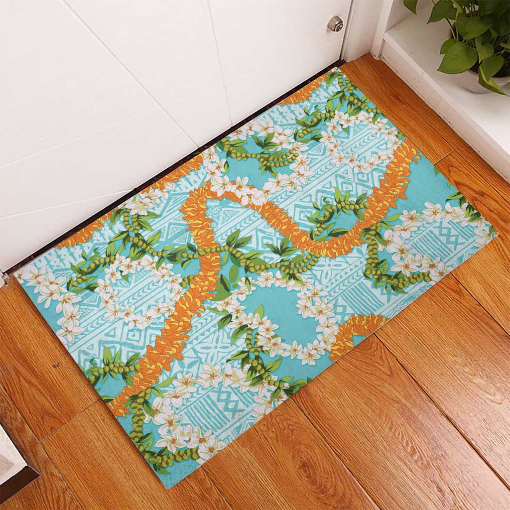 Aloha Festive Hawaii Rubber Doormat Mokihana - Maile and Ilima on Turquoise - Polynesian Pride