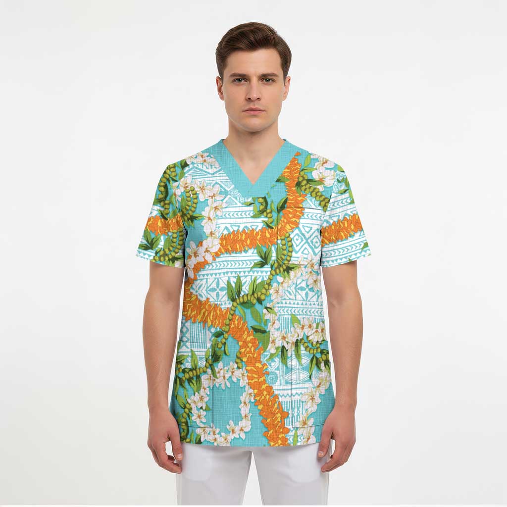 Aloha Festive Hawaii Scrub Top Mokihana - Maile and Ilima on Turquoise - Polynesian Pride