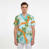 Aloha Festive Hawaii Scrub Top Mokihana - Maile and Ilima on Turquoise - Polynesian Pride