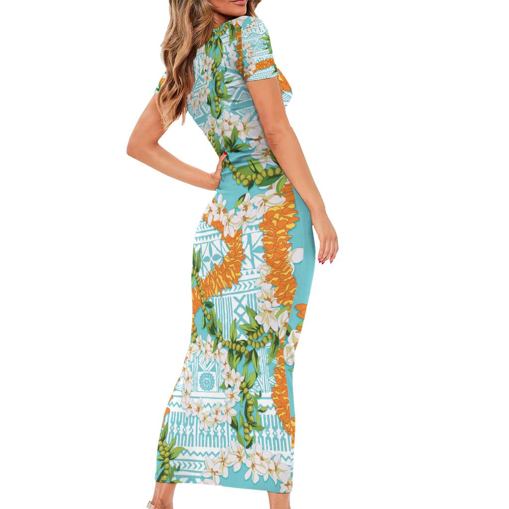 Aloha Festive Hawaii Short Sleeve Bodycon Dress Mokihana - Maile and Ilima on Turquoise - Polynesian Pride