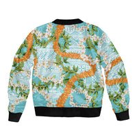 Aloha Festive Hawaii Sleeve Zip Bomber Jacket Mokihana - Maile and Ilima on Turquoise - Polynesian Pride