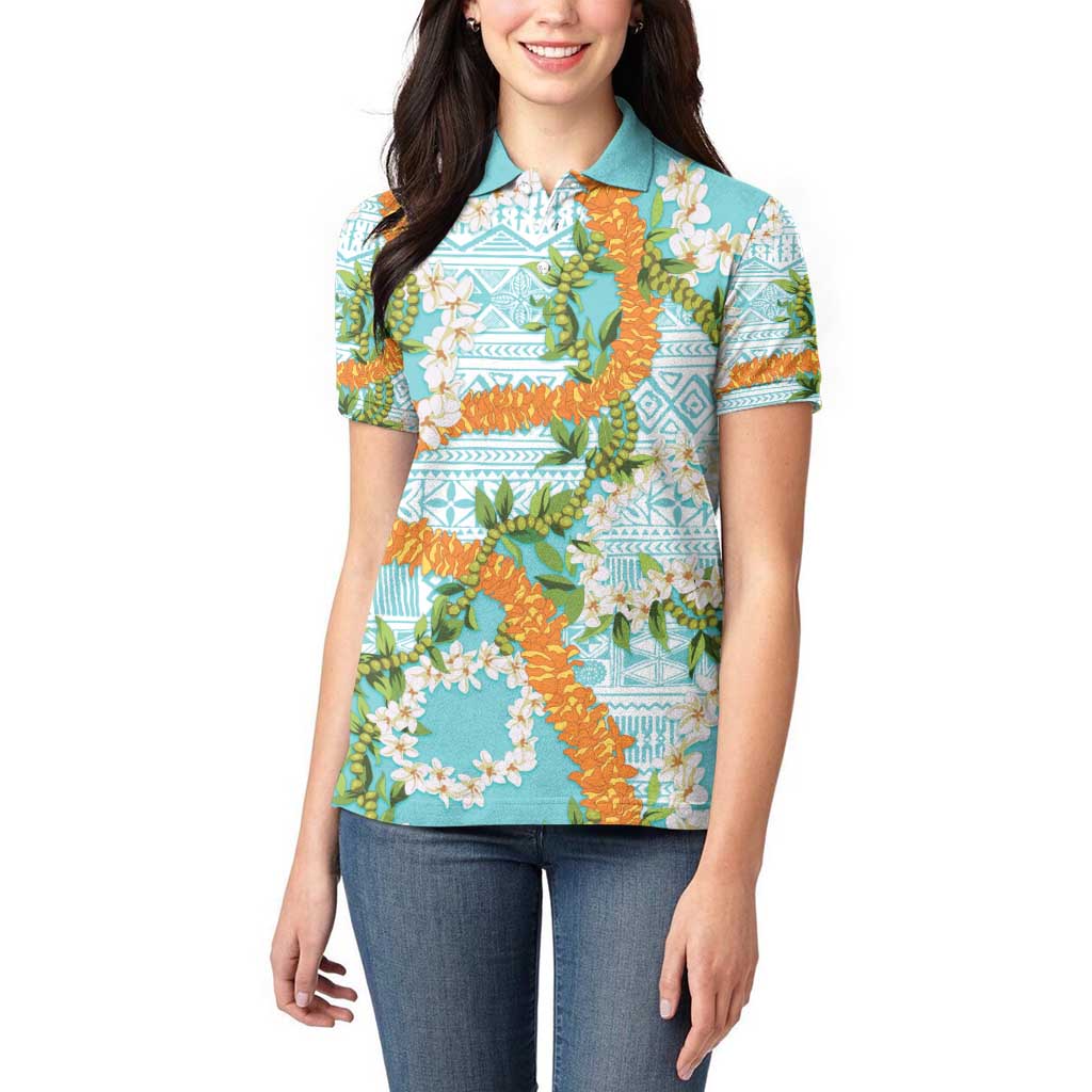 Aloha Festive Hawaii Women Polo Shirt Mokihana - Maile and Ilima on Turquoise - Polynesian Pride