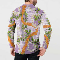 Aloha Festive Hawaii Button Sweatshirt Mokihana - Maile and Ilima on Lilac - Polynesian Pride