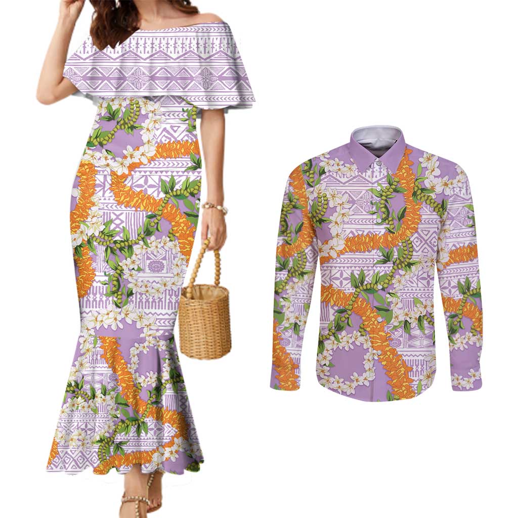Aloha Festive Hawaii Couples Matching Mermaid Dress and Long Sleeve Button Shirt Mokihana - Maile and Ilima on Lilac - Polynesian Pride