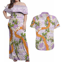 Aloha Festive Hawaii Couples Matching Off Shoulder Maxi Dress and Hawaiian Shirt Mokihana - Maile and Ilima on Lilac - Polynesian Pride