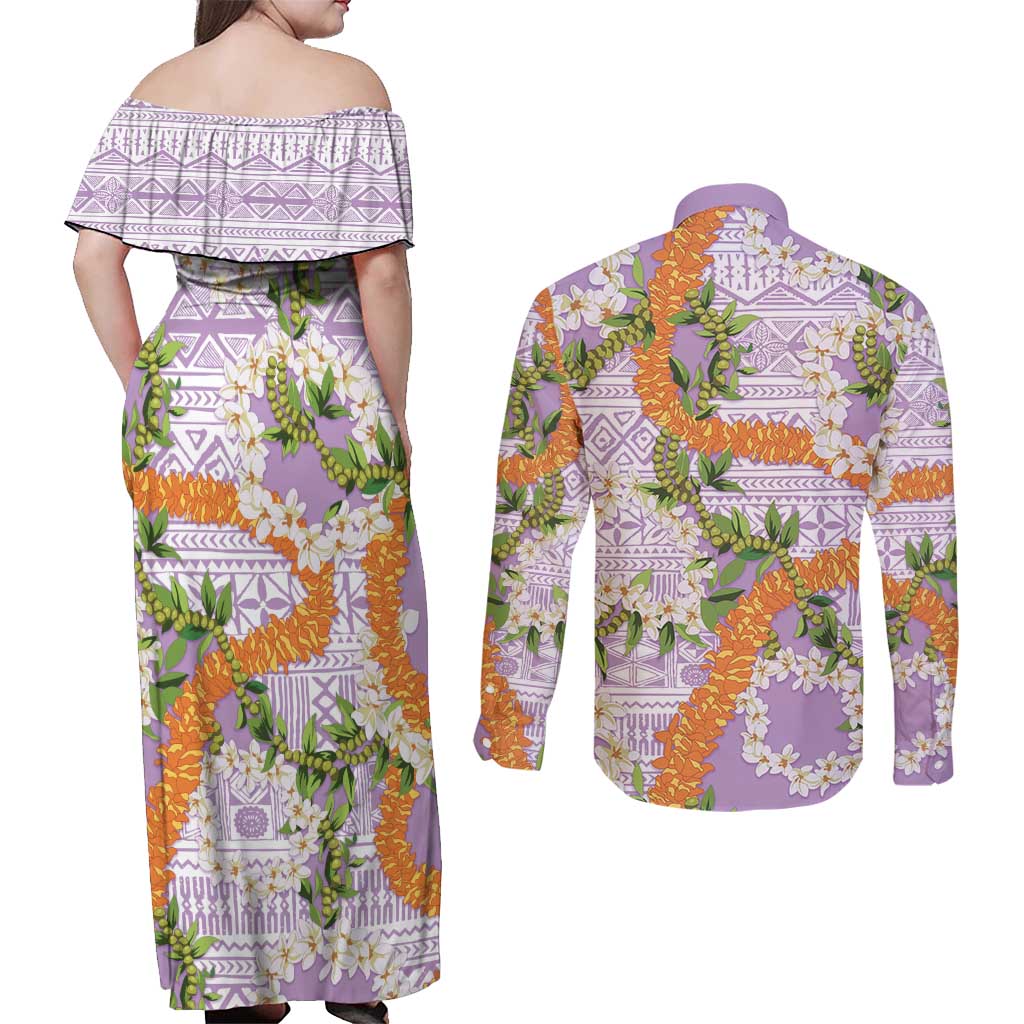 Aloha Festive Hawaii Couples Matching Off Shoulder Maxi Dress and Long Sleeve Button Shirt Mokihana - Maile and Ilima on Lilac - Polynesian Pride