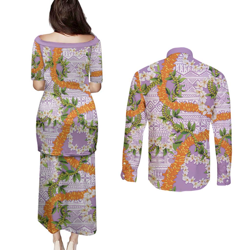 Aloha Festive Hawaii Couples Matching Puletasi and Long Sleeve Button Shirt Mokihana - Maile and Ilima on Lilac - Polynesian Pride