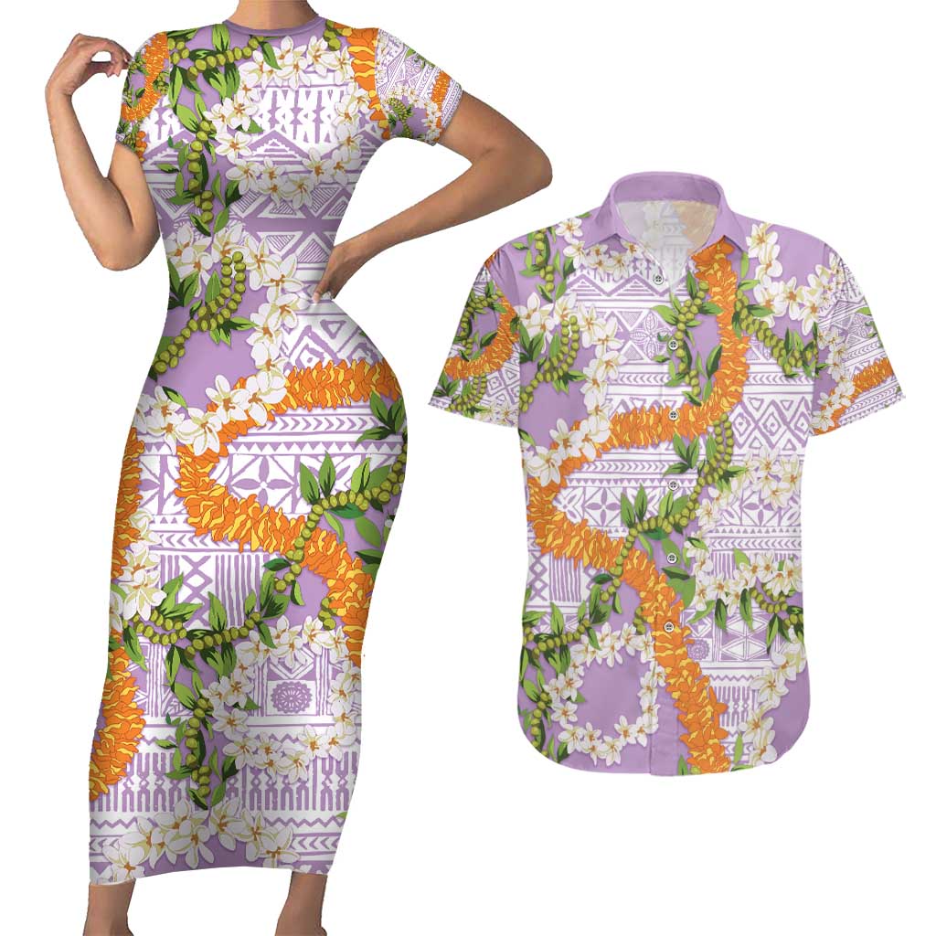 Aloha Festive Hawaii Couples Matching Short Sleeve Bodycon Dress and Hawaiian Shirt Mokihana - Maile and Ilima on Lilac - Polynesian Pride