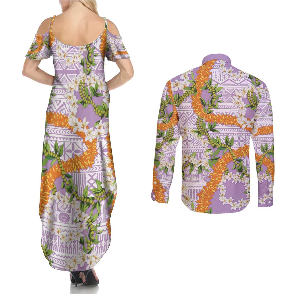 Aloha Festive Hawaii Couples Matching Summer Maxi Dress and Long Sleeve Button Shirt Mokihana - Maile and Ilima on Lilac - Polynesian Pride