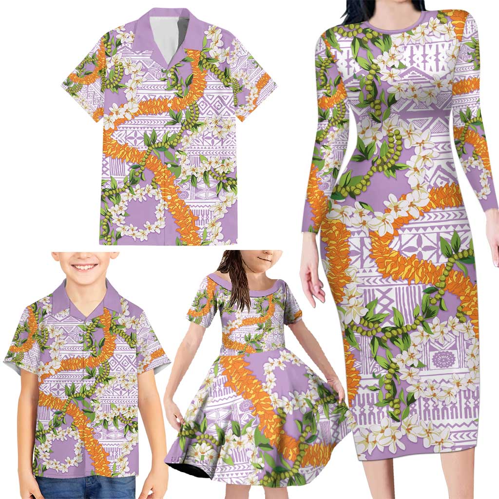 Aloha Festive Hawaii Family Matching Long Sleeve Bodycon Dress and Hawaiian Shirt Mokihana - Maile and Ilima on Lilac - Polynesian Pride