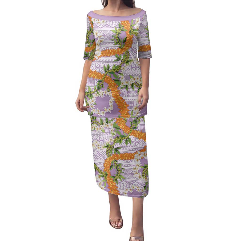 Aloha Festive Hawaii Family Matching Puletasi and Hawaiian Shirt Mokihana - Maile and Ilima on Lilac - Polynesian Pride