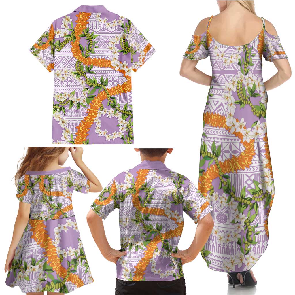Aloha Festive Hawaii Family Matching Summer Maxi Dress and Hawaiian Shirt Mokihana - Maile and Ilima on Lilac - Polynesian Pride