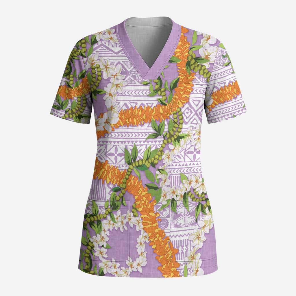 Aloha Festive Hawaii Scrub Top Mokihana - Maile and Ilima on Lilac - Polynesian Pride