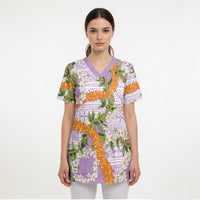 Aloha Festive Hawaii Scrub Top Mokihana - Maile and Ilima on Lilac - Polynesian Pride