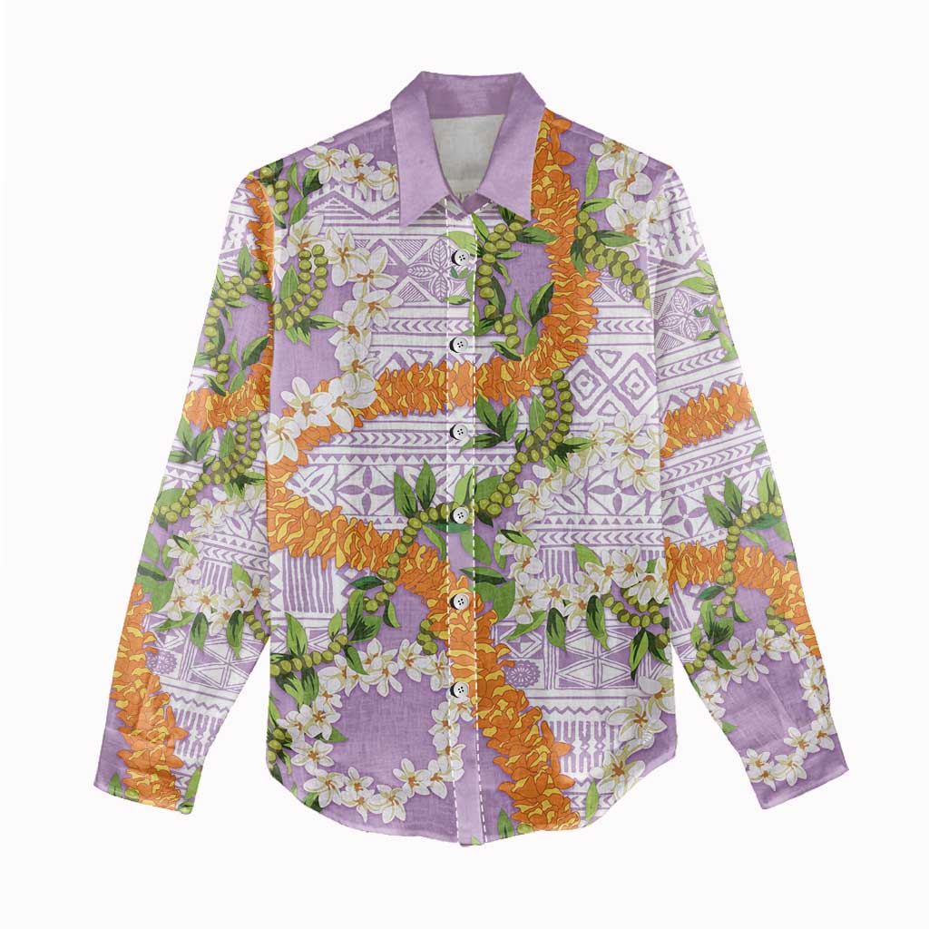 Aloha Festive Hawaii Women Casual Shirt Mokihana - Maile and Ilima on Lilac - Polynesian Pride