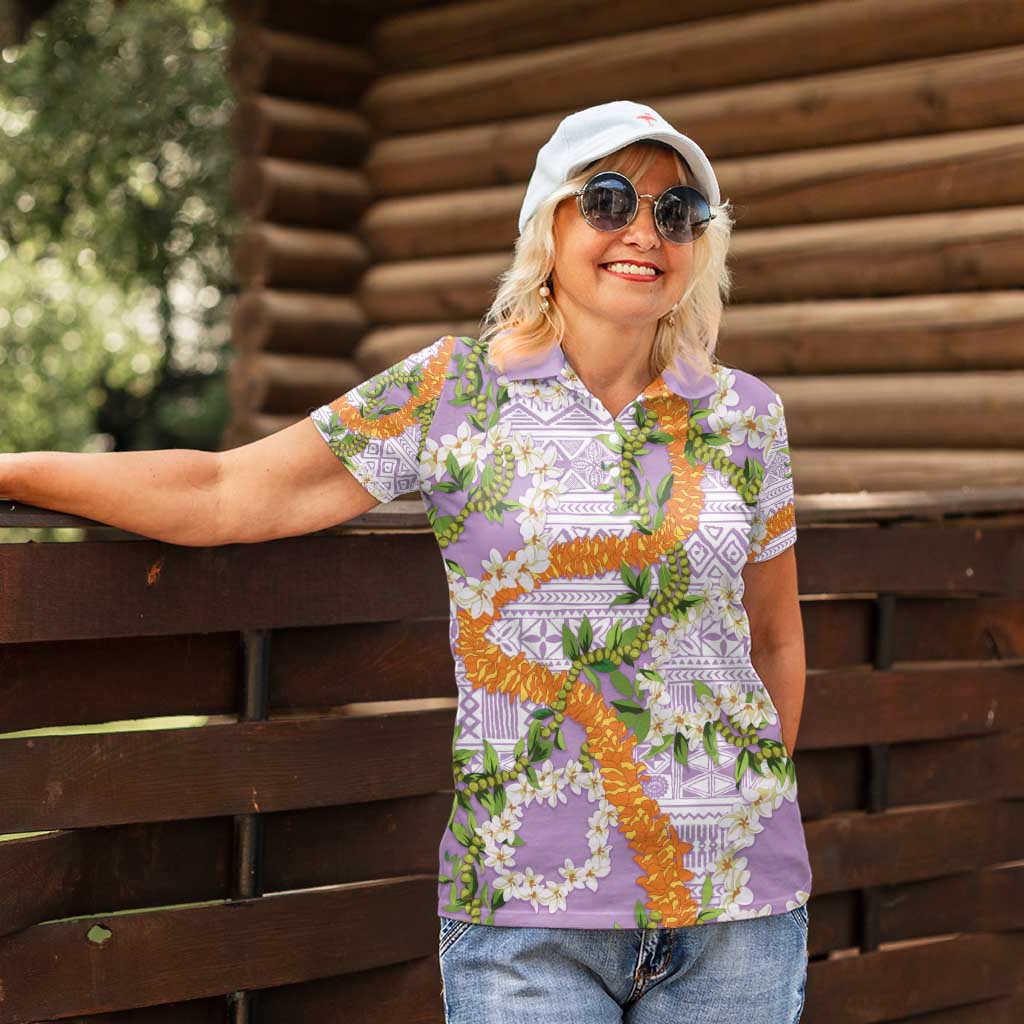 Aloha Festive Hawaii Women Polo Shirt Mokihana - Maile and Ilima on Lilac - Polynesian Pride