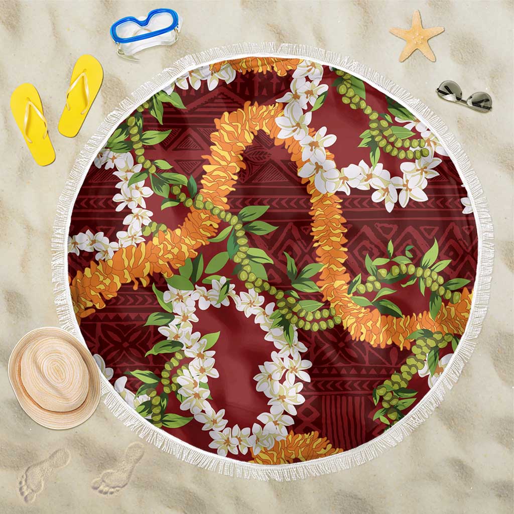 Aloha Festive Hawaii Beach Blanket Mokihana - Maile and Ilima on Crimson - Polynesian Pride
