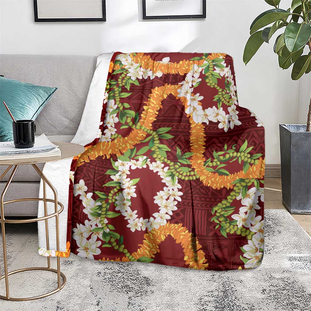 Aloha Festive Hawaii Blanket Mokihana - Maile and Ilima on Crimson - Polynesian Pride