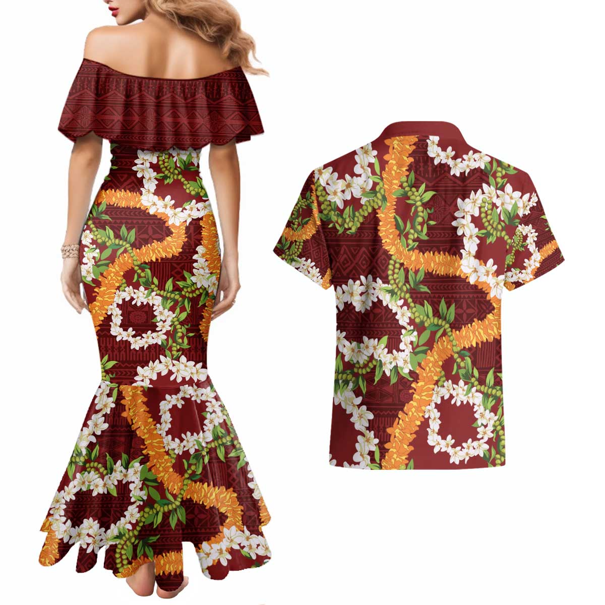 Aloha Festive Hawaii Couples Matching Mermaid Dress and Hawaiian Shirt Mokihana - Maile and Ilima on Crimson - Polynesian Pride