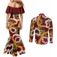 Aloha Festive Hawaii Couples Matching Mermaid Dress and Long Sleeve Button Shirt Mokihana - Maile and Ilima on Crimson - Polynesian Pride