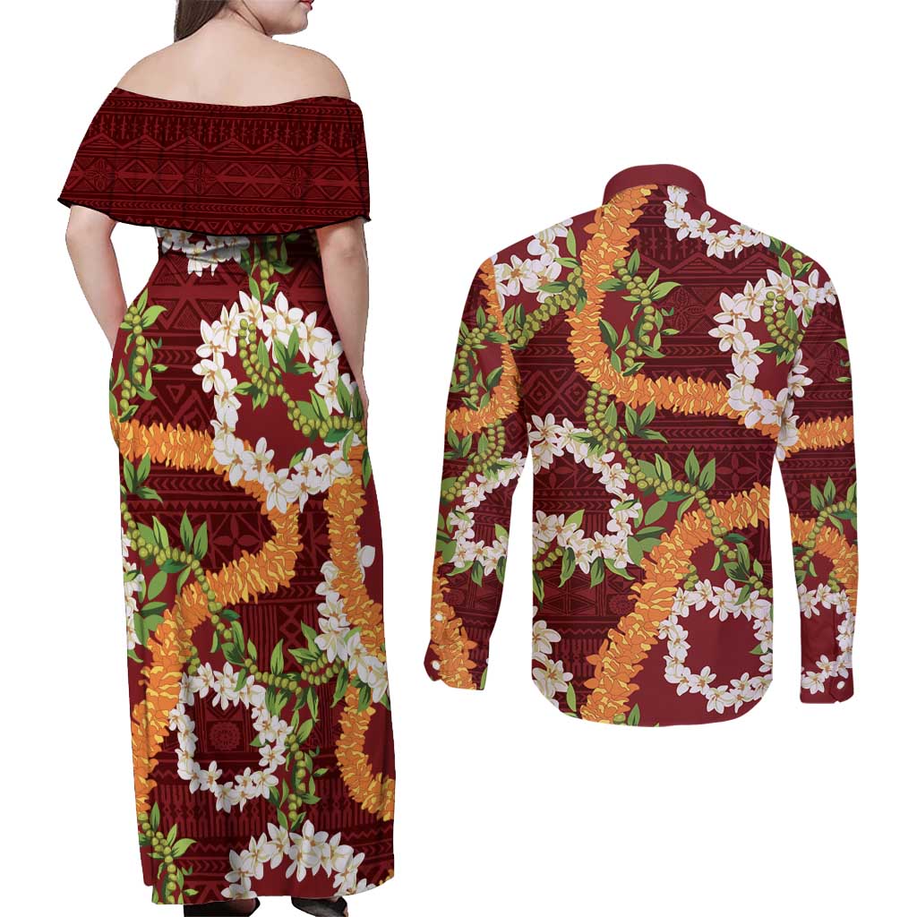 Aloha Festive Hawaii Couples Matching Off Shoulder Maxi Dress and Long Sleeve Button Shirt Mokihana - Maile and Ilima on Crimson - Polynesian Pride
