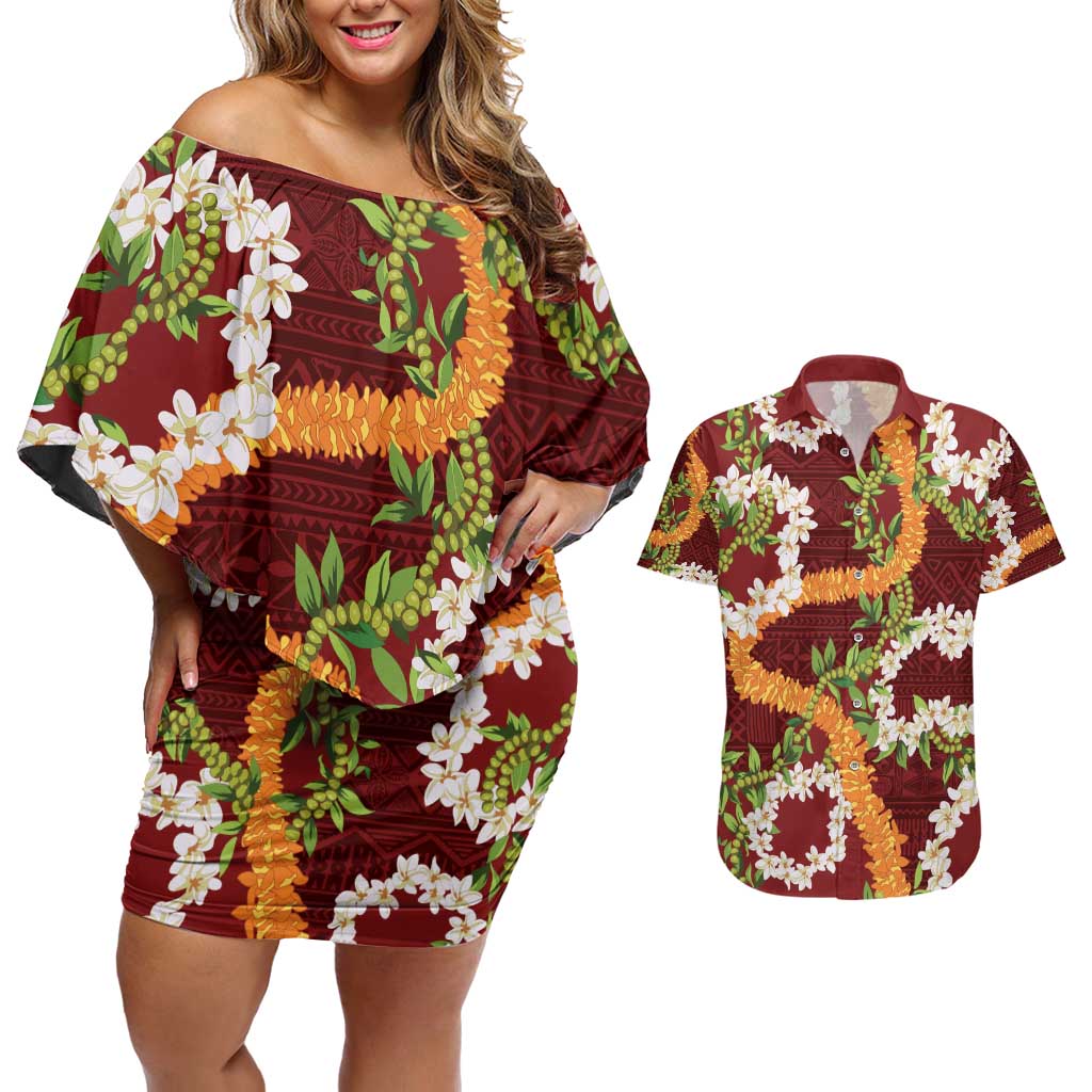 Aloha Festive Hawaii Couples Matching Off Shoulder Short Dress and Hawaiian Shirt Mokihana - Maile and Ilima on Crimson - Polynesian Pride