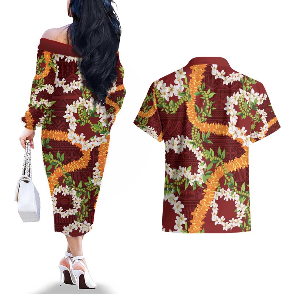 Aloha Festive Hawaii Couples Matching Off The Shoulder Long Sleeve Dress and Hawaiian Shirt Mokihana - Maile and Ilima on Crimson - Polynesian Pride