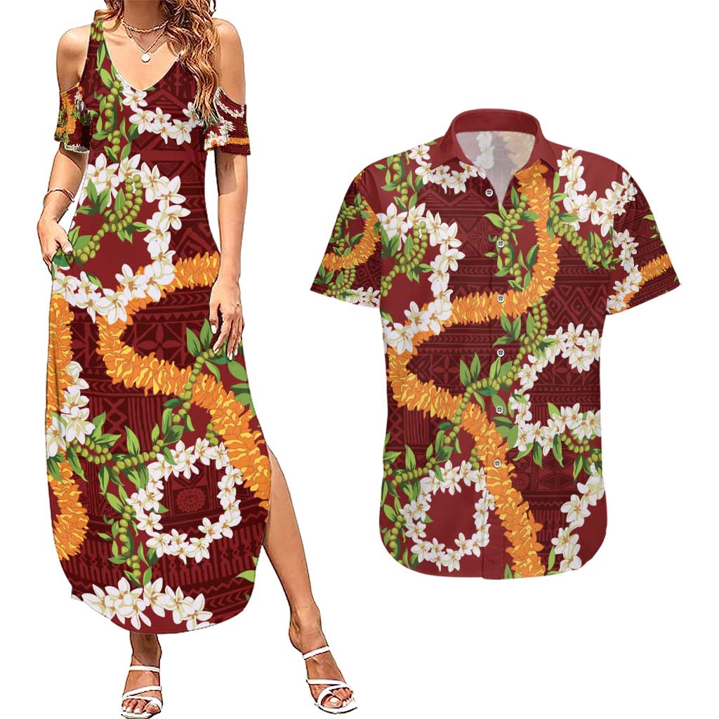 Aloha Festive Hawaii Couples Matching Summer Maxi Dress and Hawaiian Shirt Mokihana - Maile and Ilima on Crimson - Polynesian Pride