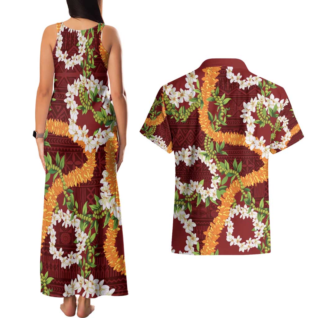 Aloha Festive Hawaii Couples Matching Tank Maxi Dress and Hawaiian Shirt Mokihana - Maile and Ilima on Crimson - Polynesian Pride