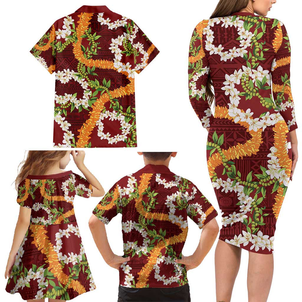 Aloha Festive Hawaii Family Matching Long Sleeve Bodycon Dress and Hawaiian Shirt Mokihana - Maile and Ilima on Crimson - Polynesian Pride