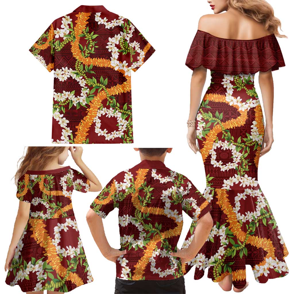 Aloha Festive Hawaii Family Matching Mermaid Dress and Hawaiian Shirt Mokihana - Maile and Ilima on Crimson - Polynesian Pride