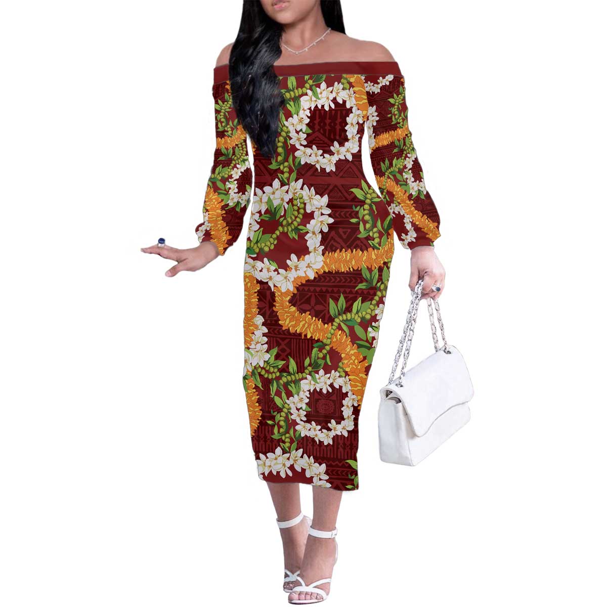 Aloha Festive Hawaii Family Matching Off The Shoulder Long Sleeve Dress and Hawaiian Shirt Mokihana - Maile and Ilima on Crimson - Polynesian Pride