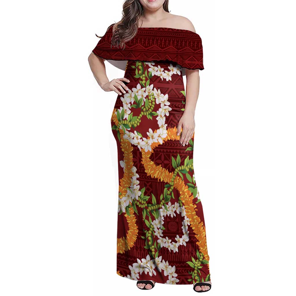 Aloha Festive Hawaii Family Matching Off Shoulder Maxi Dress and Hawaiian Shirt Mokihana - Maile and Ilima on Crimson - Polynesian Pride