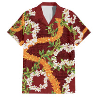 Aloha Festive Hawaii Family Matching Off Shoulder Short Dress and Hawaiian Shirt Mokihana - Maile and Ilima on Crimson - Polynesian Pride
