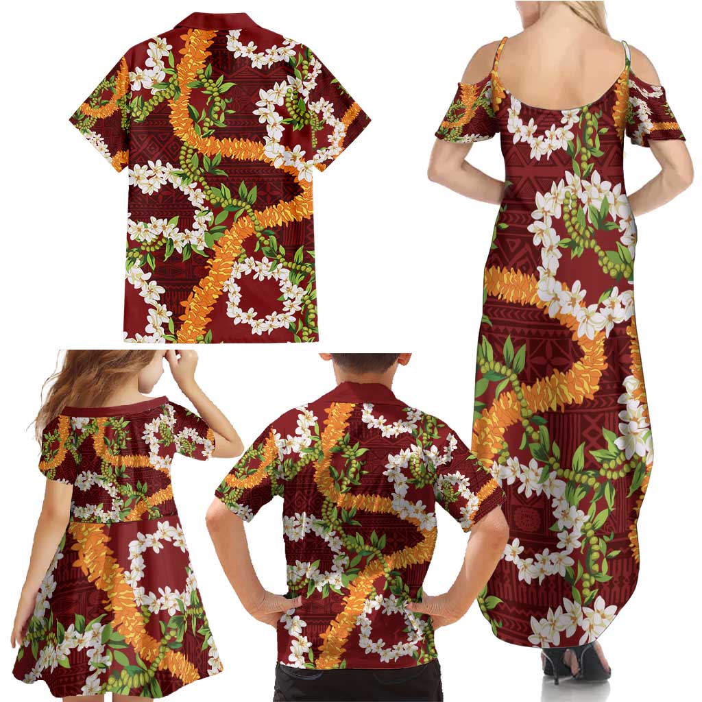 Aloha Festive Hawaii Family Matching Summer Maxi Dress and Hawaiian Shirt Mokihana - Maile and Ilima on Crimson - Polynesian Pride