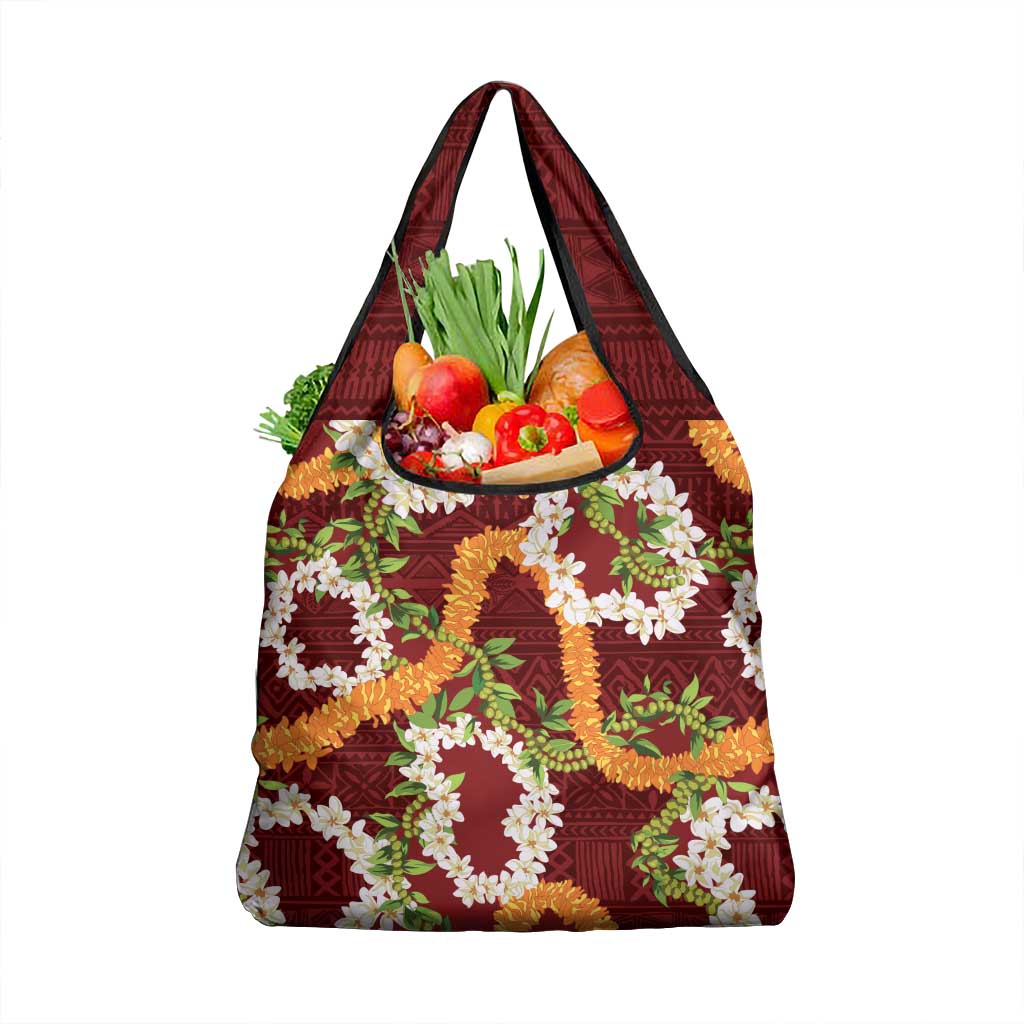 Aloha Festive Hawaii Grocery Bag Mokihana - Maile and Ilima on Crimson - Polynesian Pride