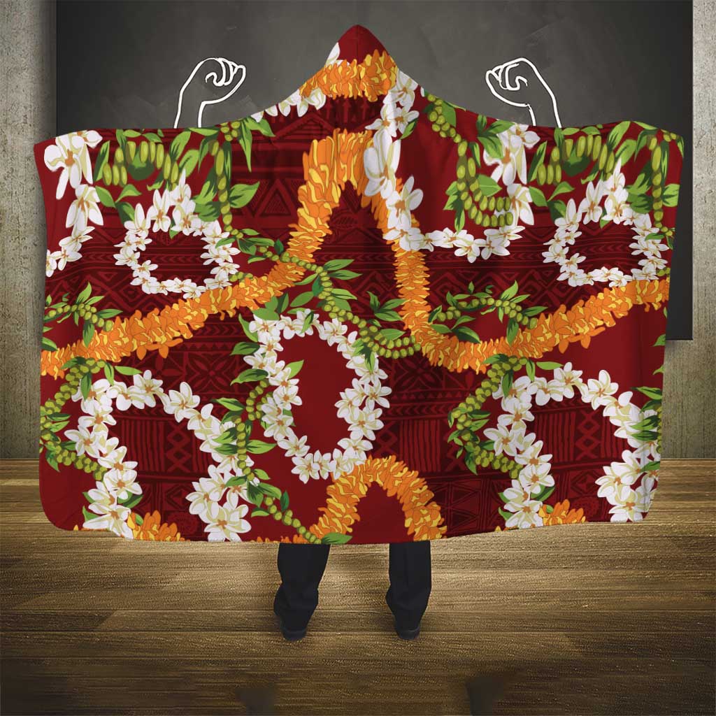 Aloha Festive Hawaii Hooded Blanket Mokihana - Maile and Ilima on Crimson - Polynesian Pride