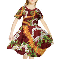 Aloha Festive Hawaii Kid Short Sleeve Dress Mokihana - Maile and Ilima on Crimson - Polynesian Pride