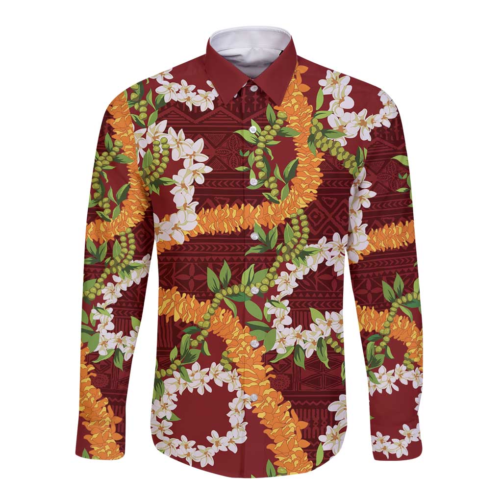 Aloha Festive Hawaii Long Sleeve Button Shirt Mokihana - Maile and Ilima on Crimson - Polynesian Pride