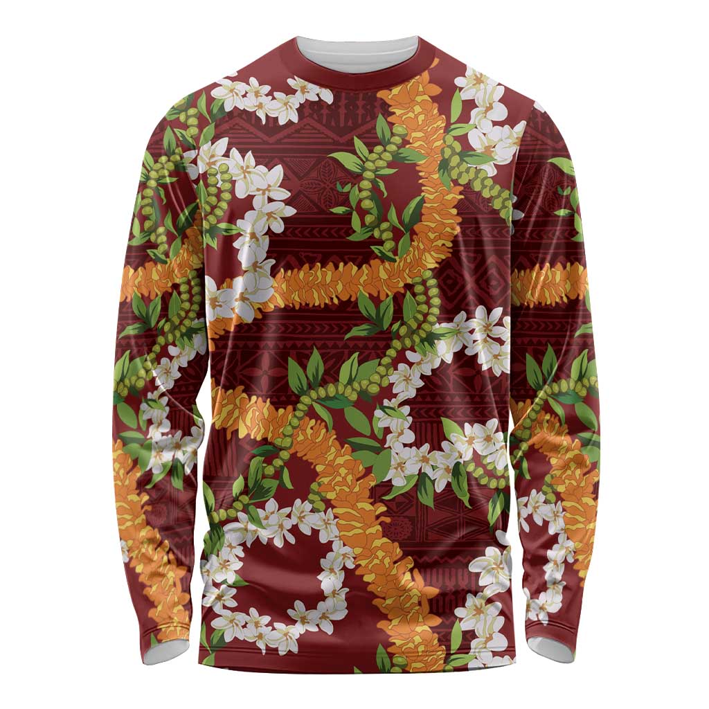 Aloha Festive Hawaii Long Sleeve Shirt Mokihana - Maile and Ilima on Crimson - Polynesian Pride