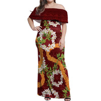 Aloha Festive Hawaii Off Shoulder Maxi Dress Mokihana - Maile and Ilima on Crimson - Polynesian Pride
