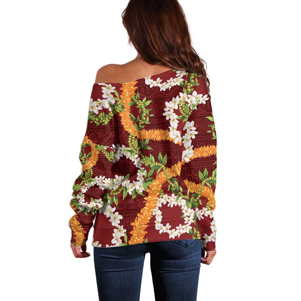 Aloha Festive Hawaii Off Shoulder Sweater Mokihana - Maile and Ilima on Crimson - Polynesian Pride