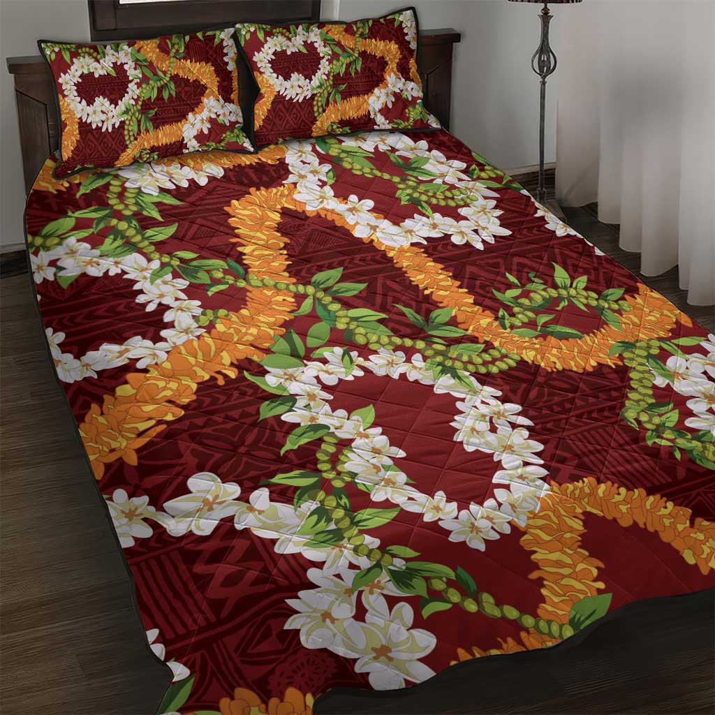 Aloha Festive Hawaii Quilt Bed Set Mokihana - Maile and Ilima on Crimson - Polynesian Pride