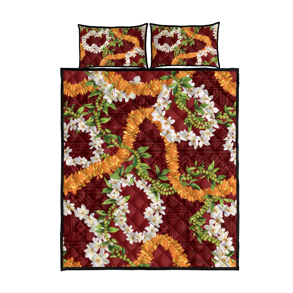 Aloha Festive Hawaii Quilt Bed Set Mokihana - Maile and Ilima on Crimson - Polynesian Pride