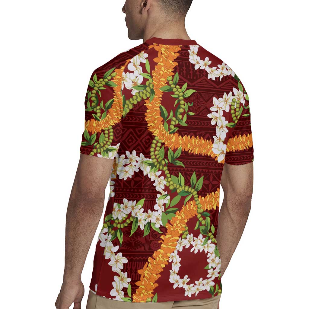 Aloha Festive Hawaii Rugby Jersey Mokihana - Maile and Ilima on Crimson - Polynesian Pride