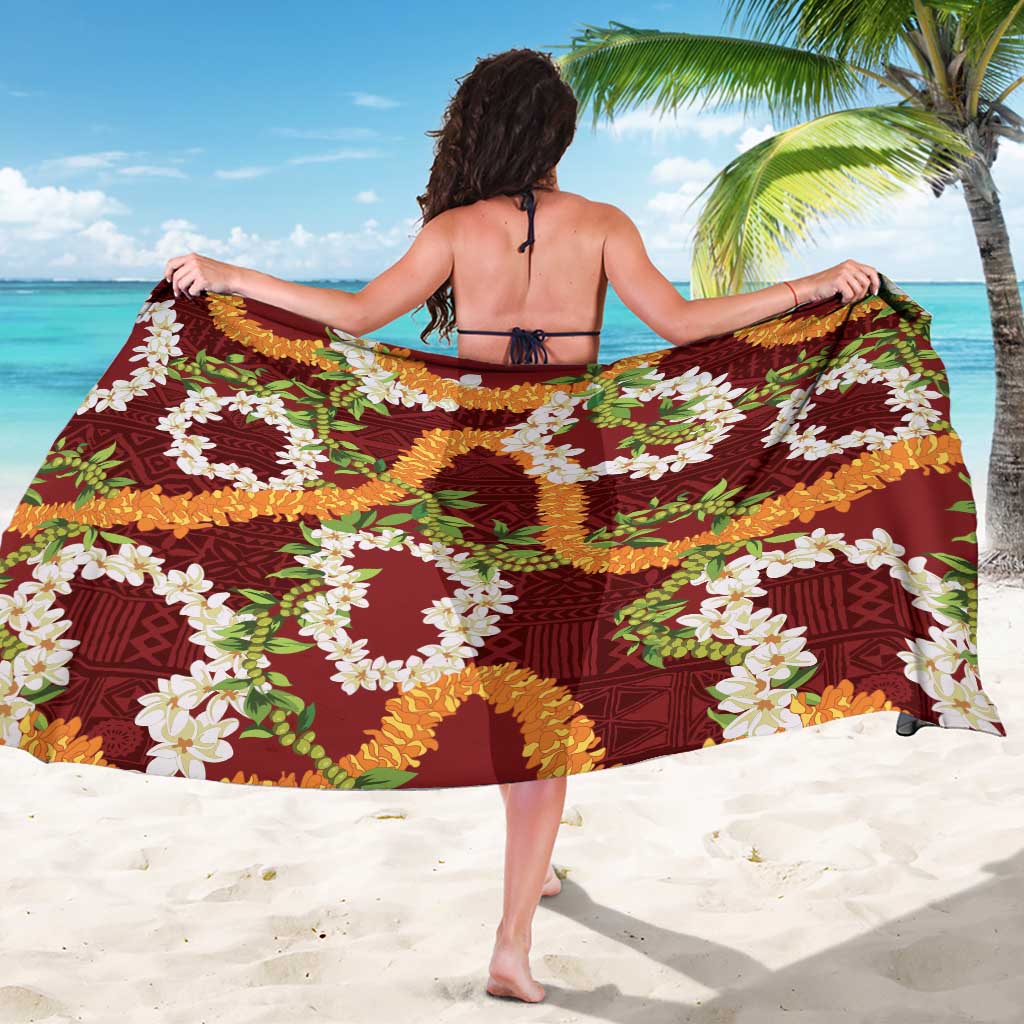 Aloha Festive Hawaii Sarong Mokihana - Maile and Ilima on Crimson - Polynesian Pride