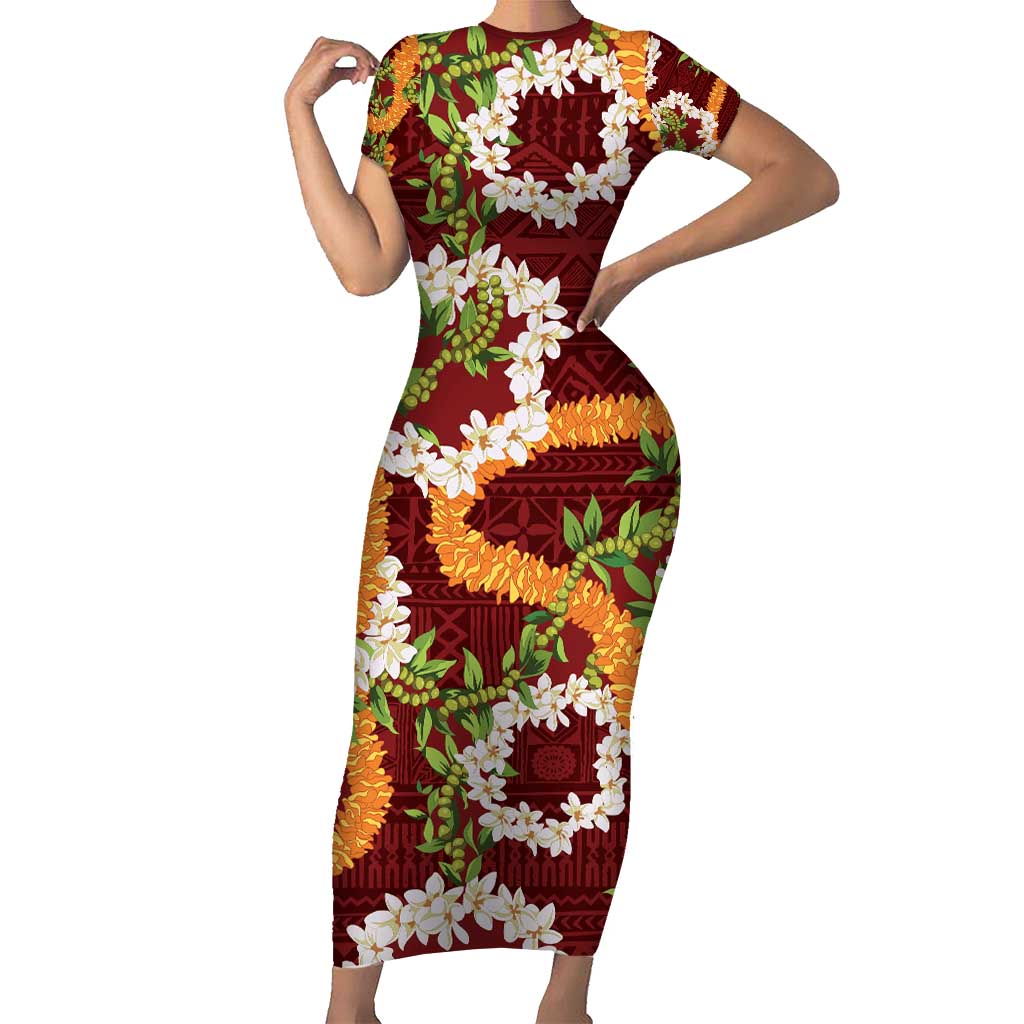 Aloha Festive Hawaii Short Sleeve Bodycon Dress Mokihana - Maile and Ilima on Crimson - Polynesian Pride