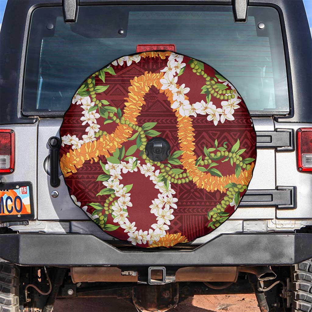 Aloha Festive Hawaii Spare Tire Cover Mokihana - Maile and Ilima on Crimson - Polynesian Pride