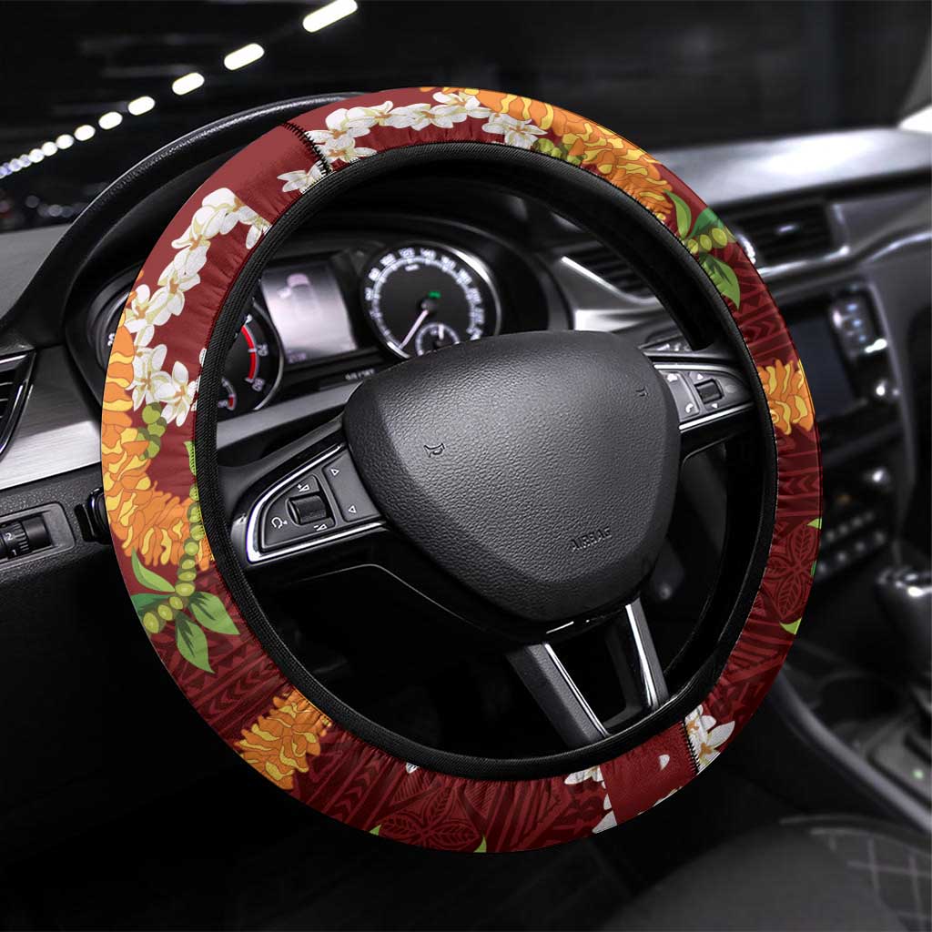 Aloha Festive Hawaii Steering Wheel Cover Mokihana - Maile and Ilima on Crimson - Polynesian Pride
