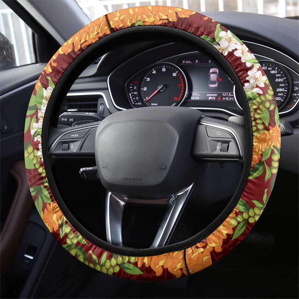 Aloha Festive Hawaii Steering Wheel Cover Mokihana - Maile and Ilima on Crimson - Polynesian Pride